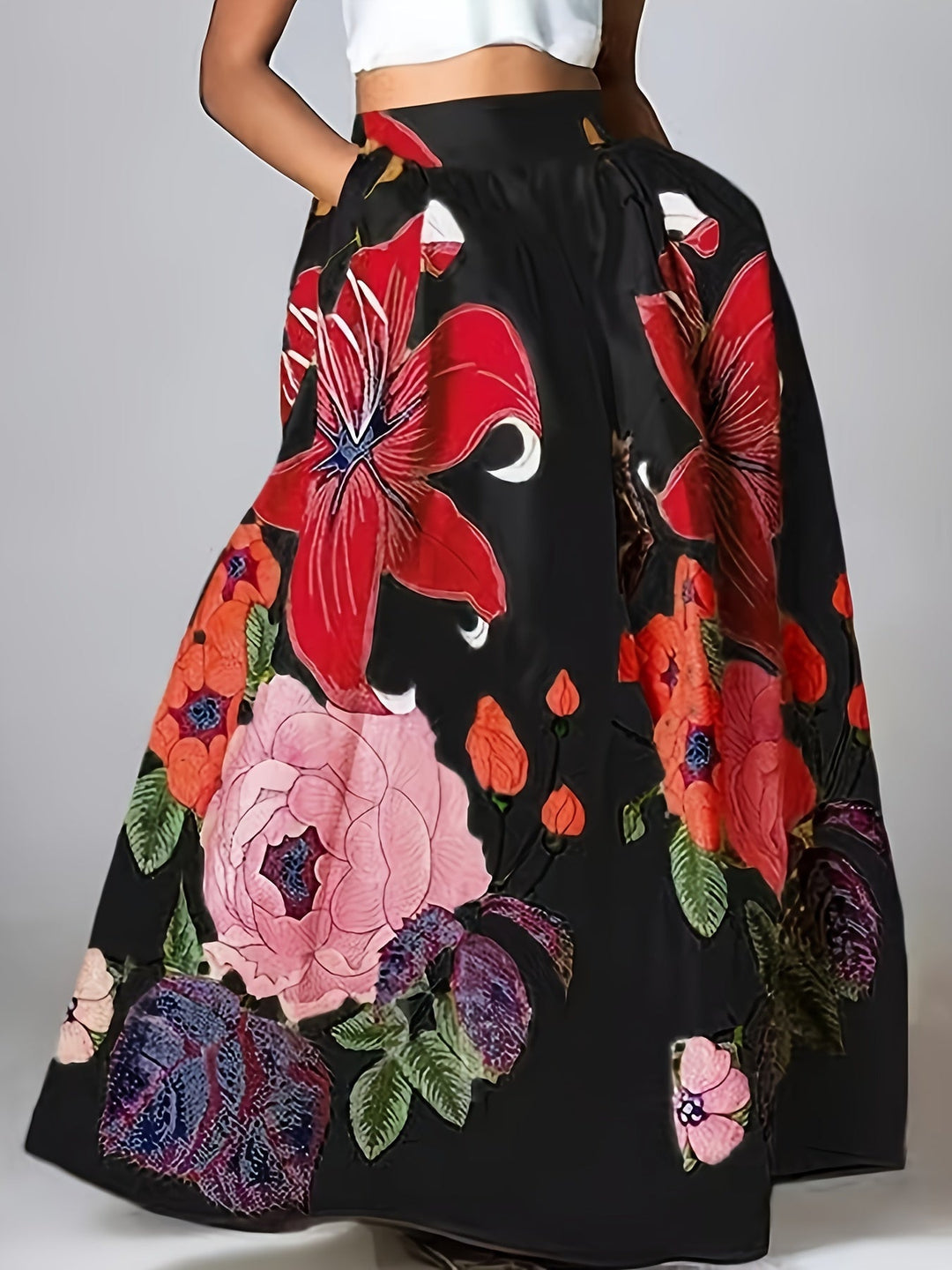 Variant image for Dames Hoge Taille Bloemenprint Maxi Rok - Elegant A-Lijn Design-6