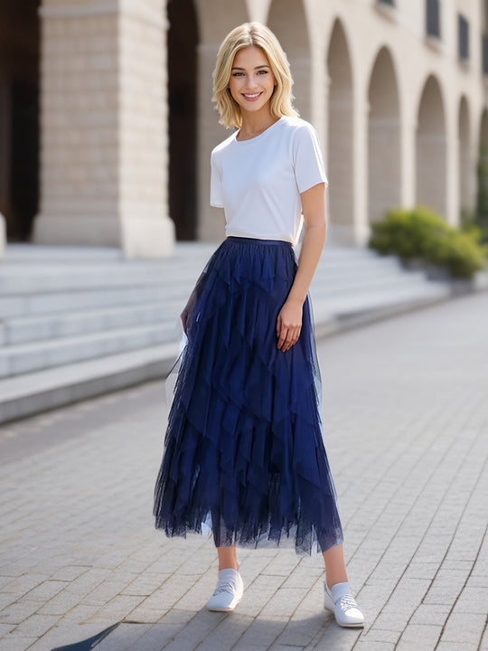 Dames Gelaagde Maxi Rok van Mesh met Elastische Taille - Elegant Design-3
