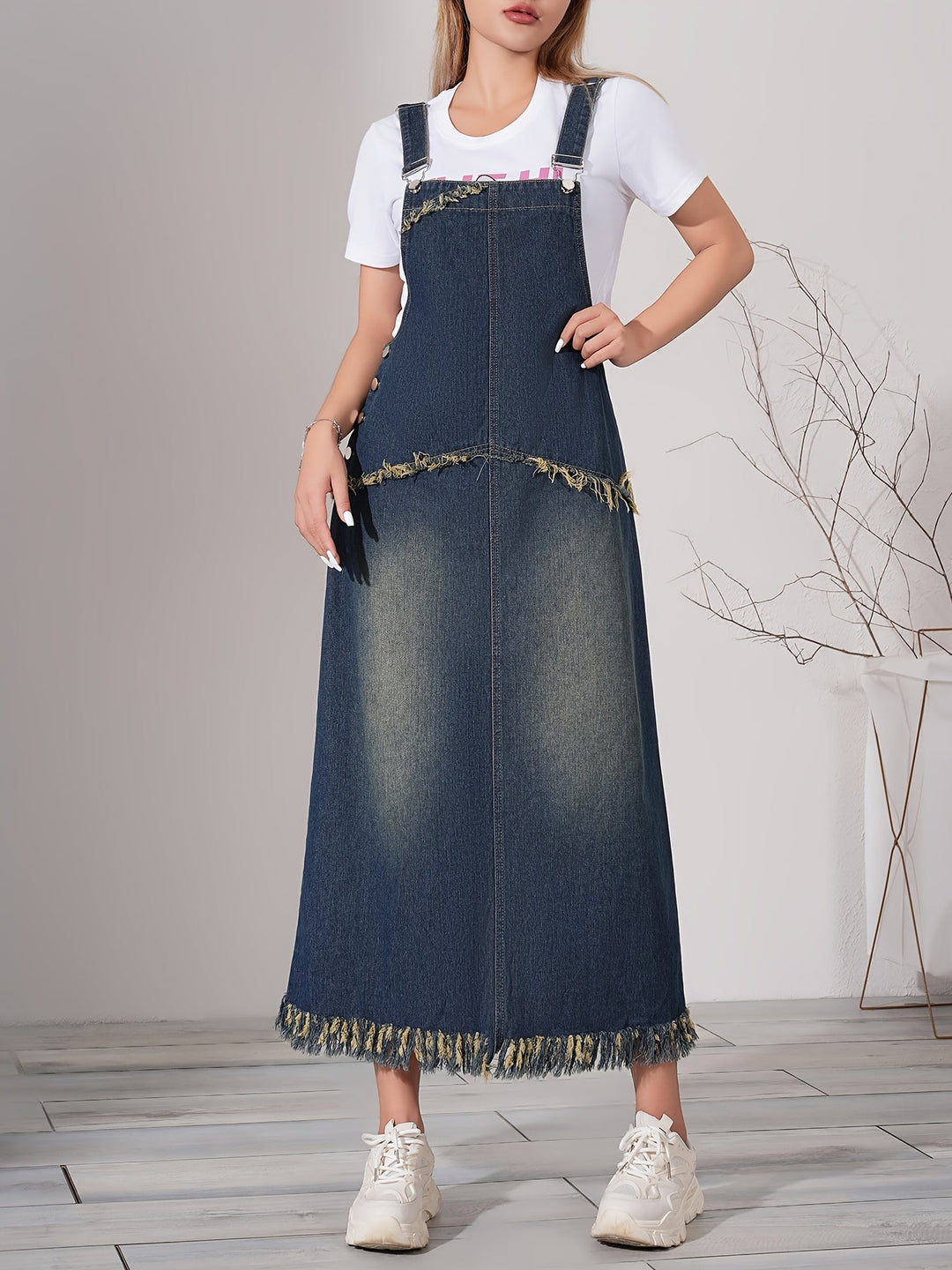 Dames Casual Denim Maxi Jurk Met Ruwe Zoom En Verstelbare Band - Lotte-1