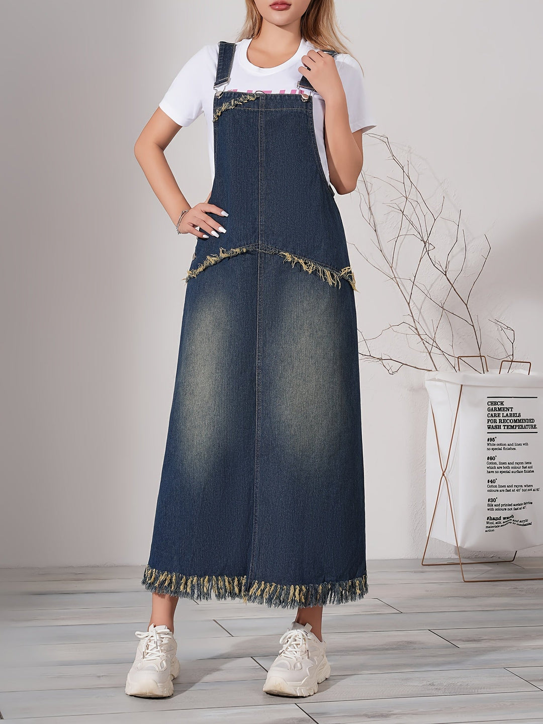 Dames Casual Denim Maxi Jurk Met Ruwe Zoom En Verstelbare Band - Lotte-5