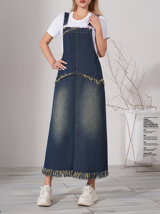 Dames Casual Denim Maxi Jurk Met Ruwe Zoom En Verstelbare Band - Lotte-5