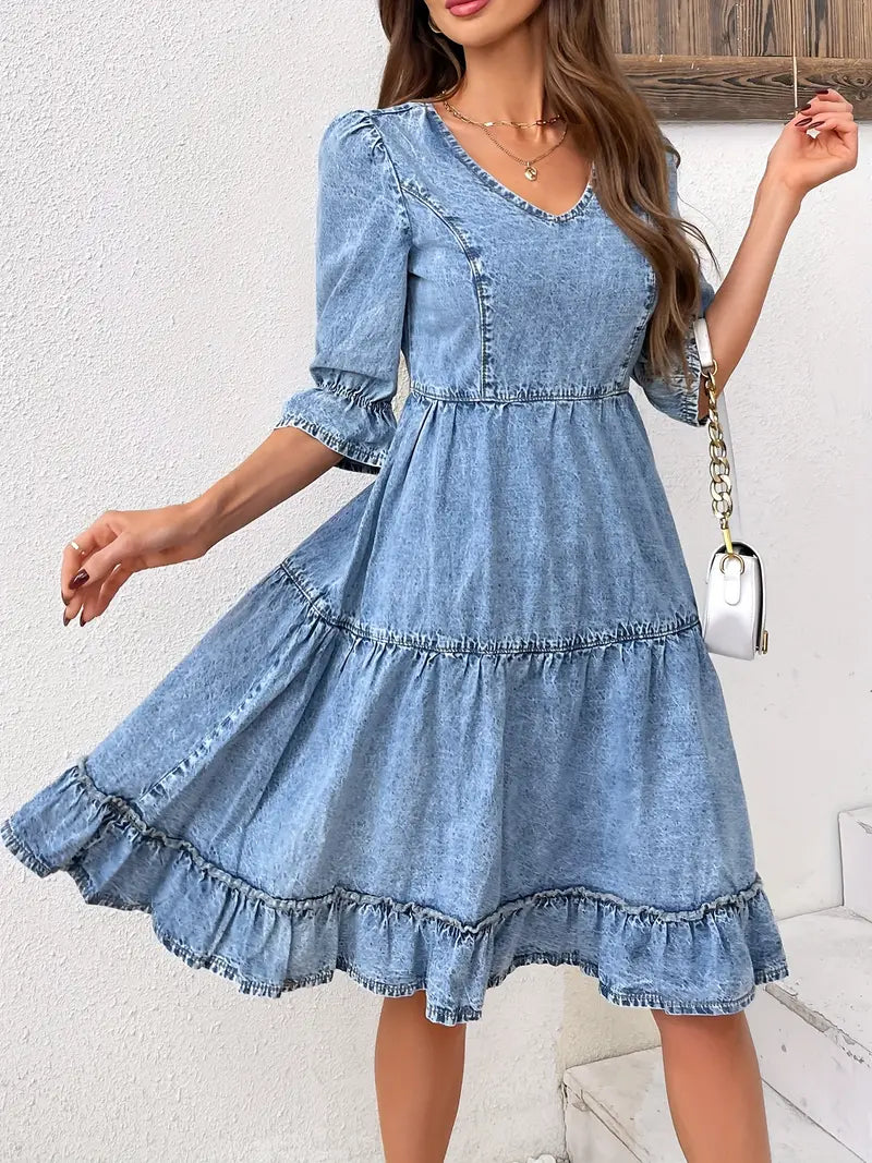 Dames Denimjurk V-hals Pofmouwen A-lijn Stijlvolle Zomer Kleding - Greer-3