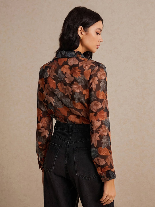 Elegante overhemdblouse met bladprint en knoopsluiting