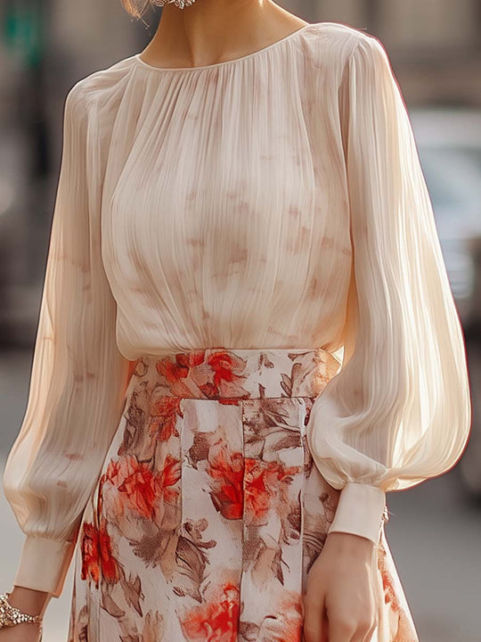Dames Lange Rok Met Bloemenprint En Transparante Blouse - Emma-3