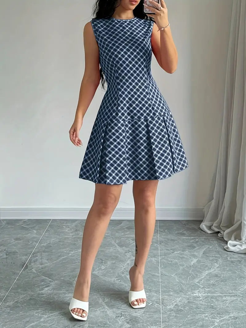 Dames Mouwloze A-lijn Jurk met Plooien en Ruitpatroon - Vintage Chic-4
