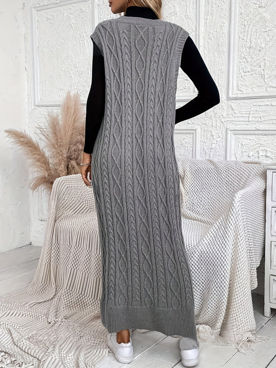 Dames Mouwloze Maxi Jurk Elegant Kabelpatroon V-hals - Evelien-5