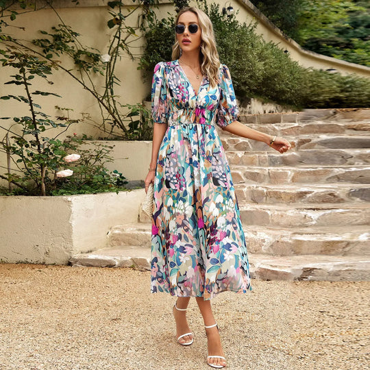 Vrouwen Flatterende V hals en elastische taille Midi zomerjurk - Linda