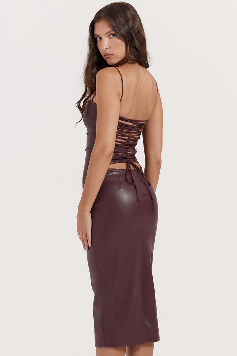 Dames Midi Leren Jurk Met Rijgsluiting - Elegante Rode of Zwarte Jurk-4