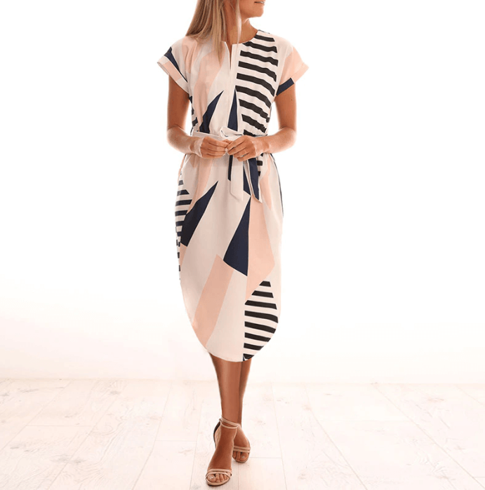 Dames Asymmetrische Midi Jurk Met Geometrisch Patroon V-hals - Sophie-2