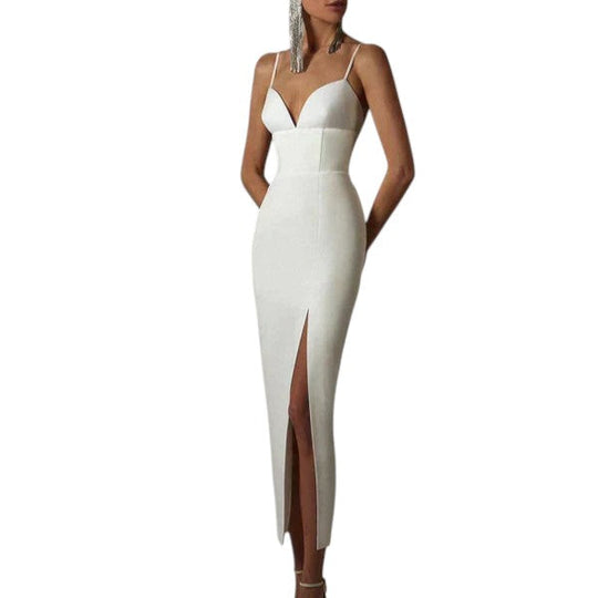 Dames Midi Jurk Zwart V-hals Fijne Bandjes en Split - Chaveli-3