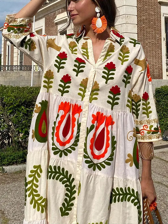 Dames Maxi Jurk Stijlvolle Knoopsluiting Lange Mouwen - Amalia-5
