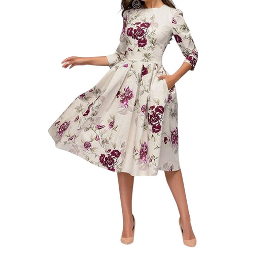 Dames Midi Jurk Bloemenprint Elegante Ronde Hals - Sophie-6
