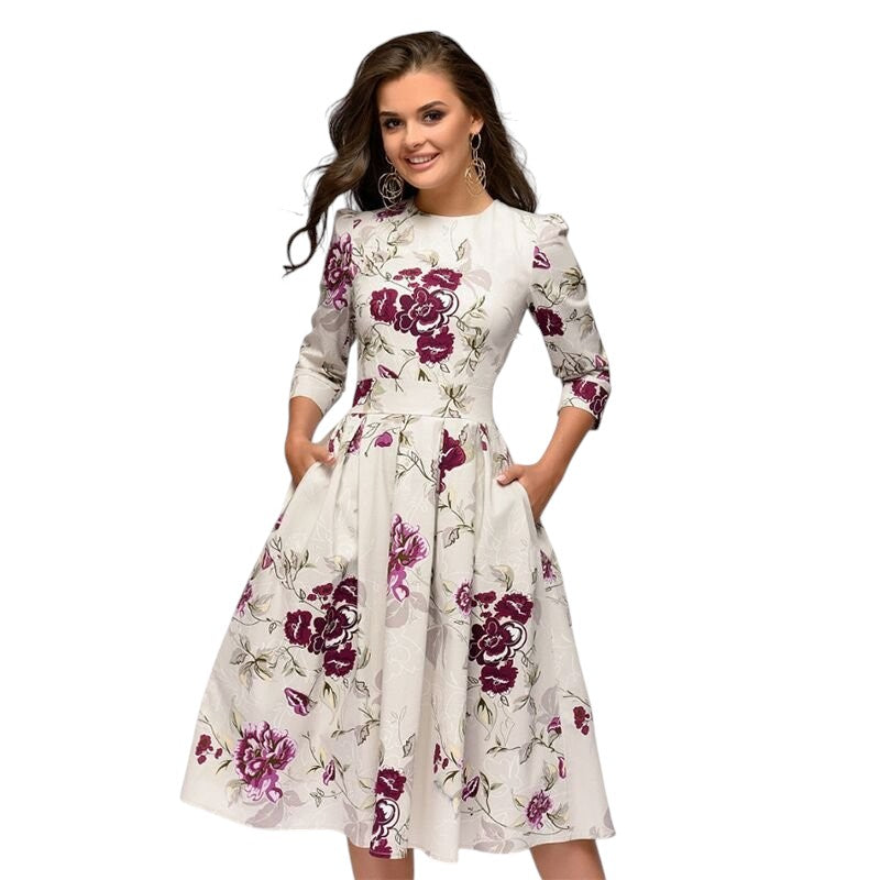 Dames Midi Jurk Bloemenprint Elegante Ronde Hals - Sophie-1