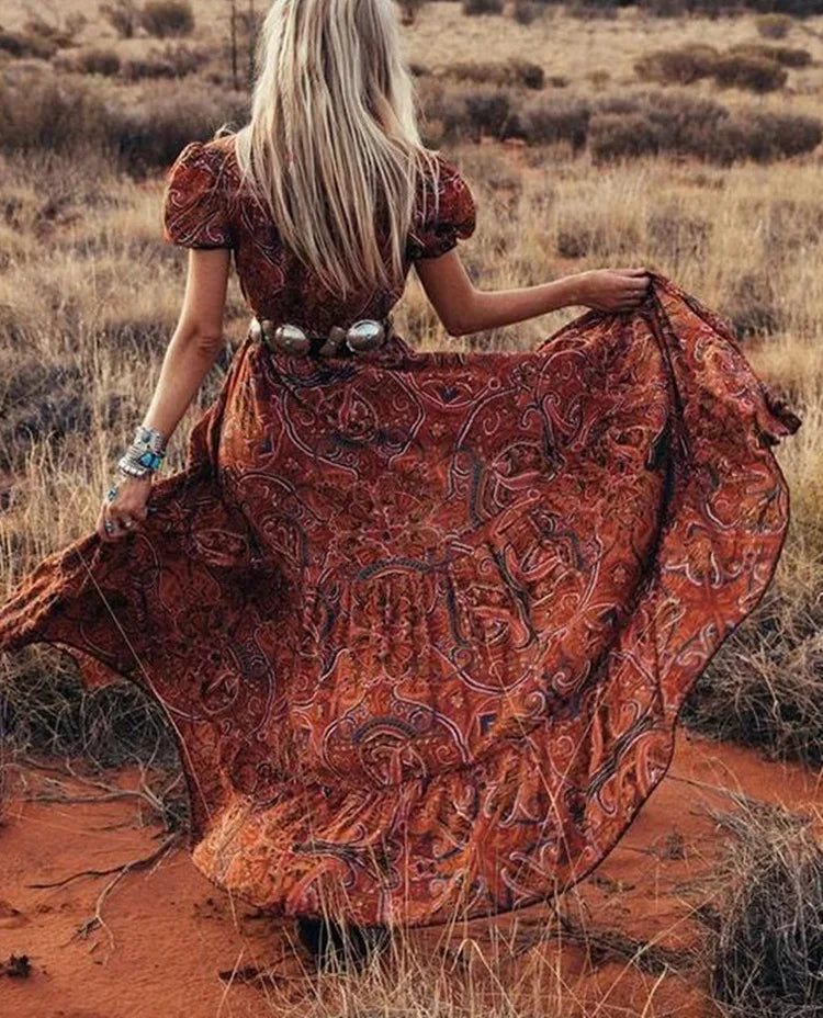 Dames Maxi Jurk Bohemian Paisley met Hoge Split en Volumineuze Mouwen - Azaria-4