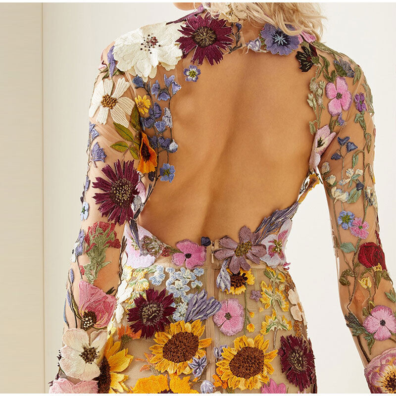 Dames Midi Jurk Bloemdecoratie Elegante Hoge Halslijn - Flora-2