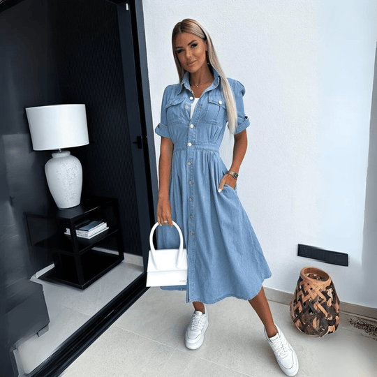 Dames Denim Jurk Tijdloos Ontwerp met Knoopsluiting - Ashlyn-5