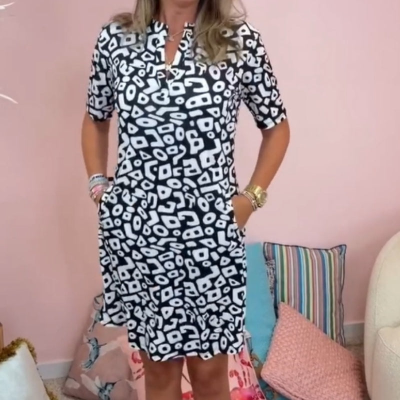 Dames Midi Jurk Geometrisch Patroon V-hals Luchtig en Stijlvol - Roxanne-3