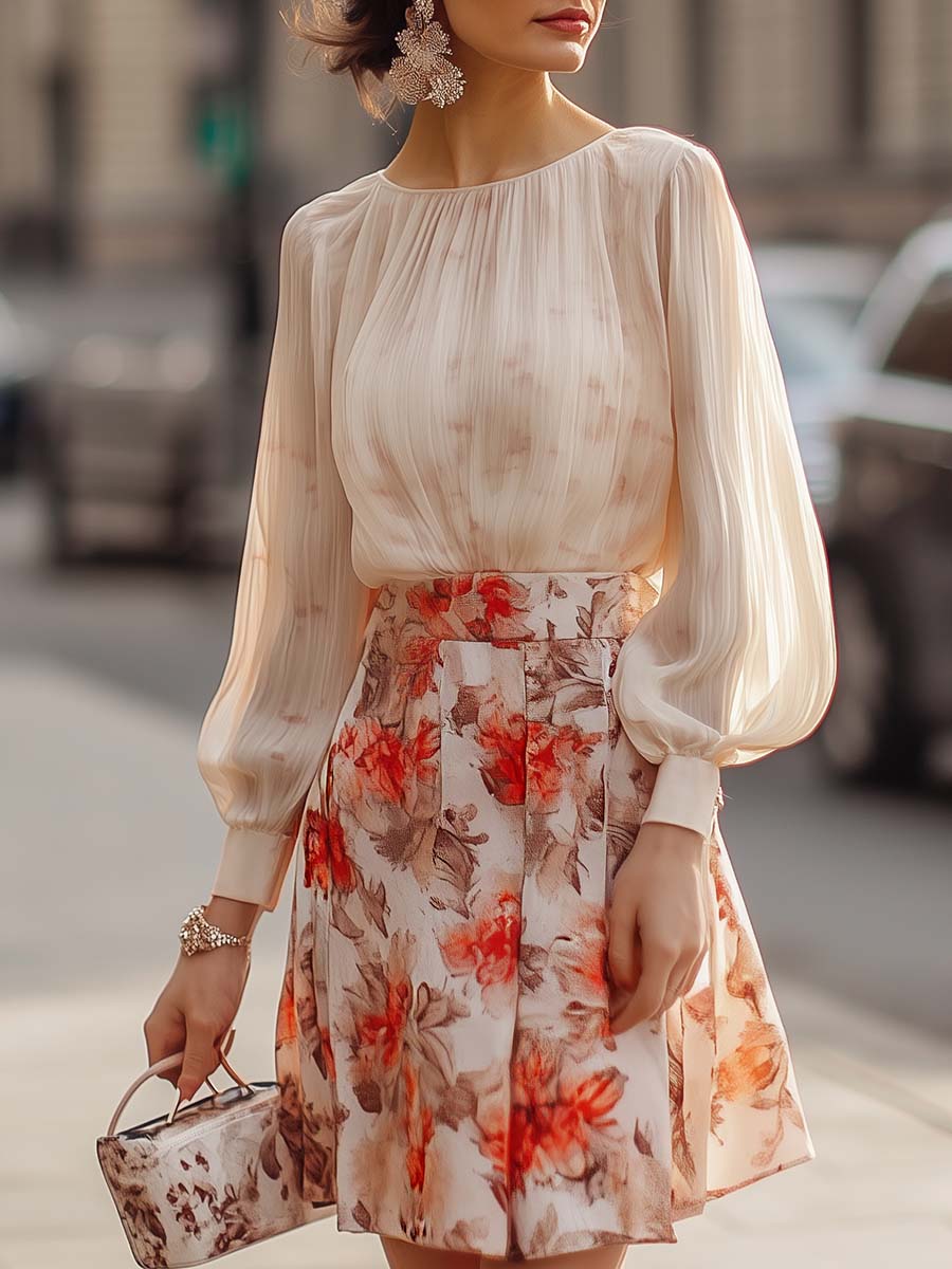 Dames Lange Rok Met Bloemenprint En Transparante Blouse - Emma-1
